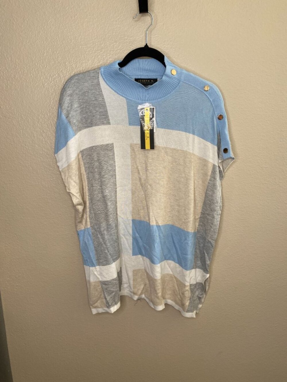 NWT Joseph A. Womens Geometric Poncho Sweater L Button Detail Pastel Blue/Gray
